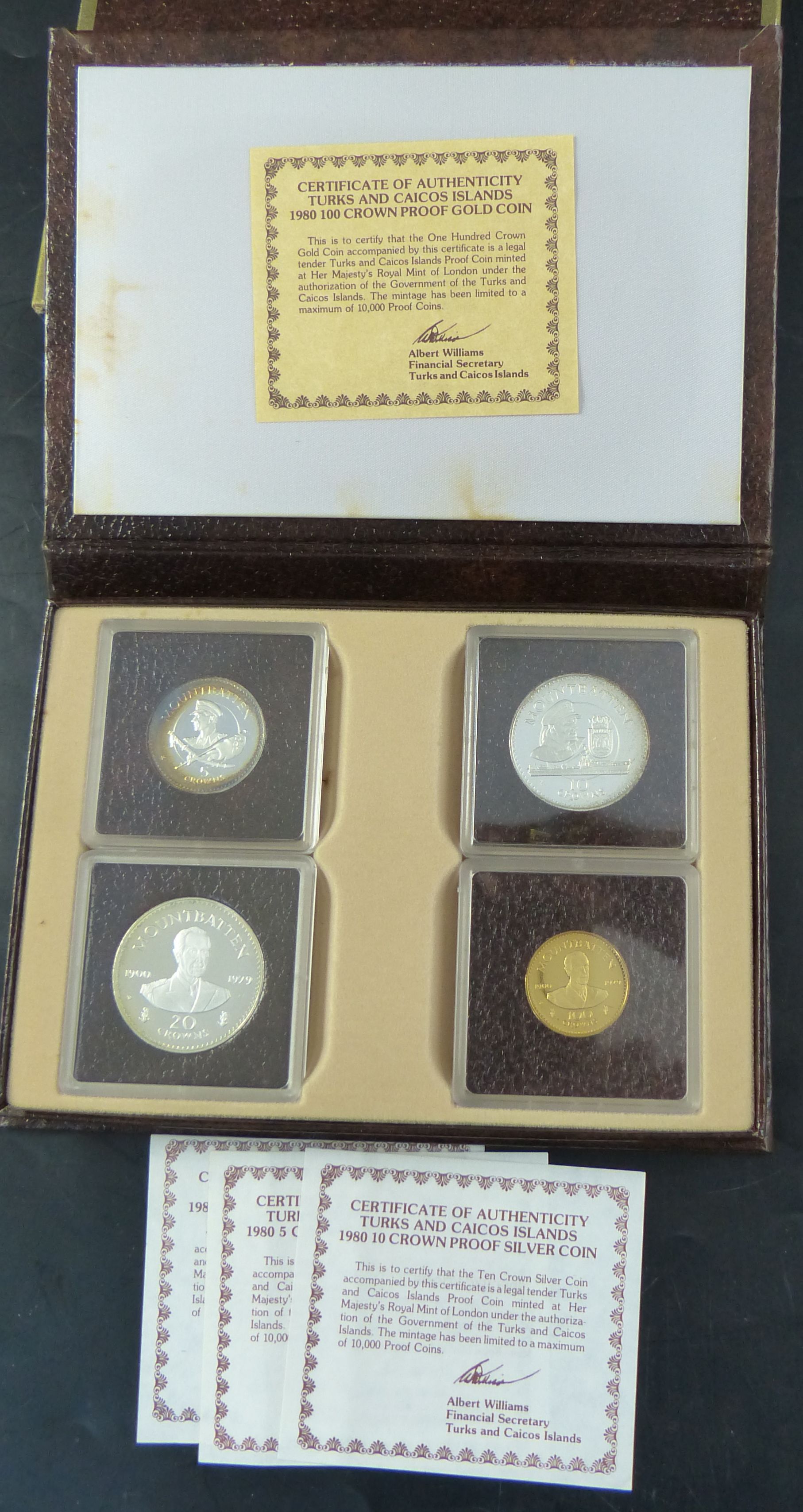 Three Turks and Caicos Islands proof coin sets, 1980 set of four 100 crown proof gold coin with 2010 and five crowns in silver;